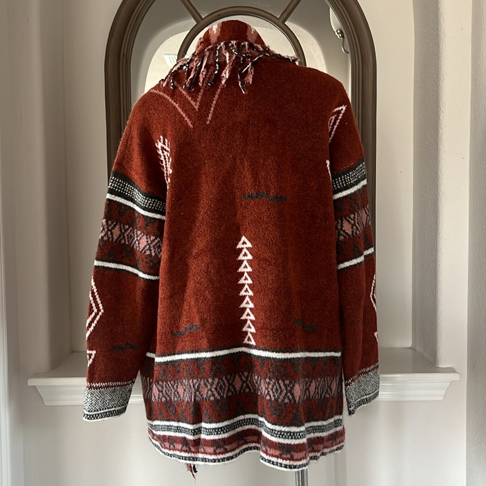 Doe & Rae Aztec Open Front Fringe Cardigan Sweater Brown Multi Size L EXCELLENT! - Picture 13 of 16